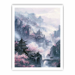 Misty Asian mountain canvas art with pagodas and pink blossoms for tranquil room decor.