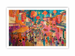 Colorful Asian lantern market canvas art for eclectic living room or dining room decor.