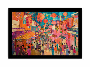 Colorful Asian lantern market canvas art for eclectic living room or dining room decor.