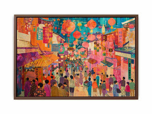 Colorful Asian lantern market canvas art for eclectic living room or dining room decor.