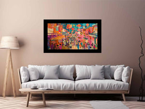 Colorful Asian lantern market canvas art for eclectic living room or dining room decor.