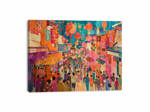 Colorful Asian lantern market canvas art for eclectic living room or dining room decor.