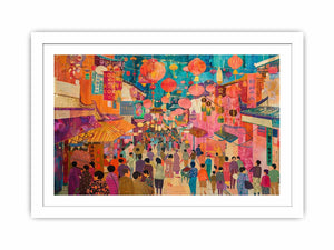 Colorful Asian lantern market canvas art for eclectic living room or dining room decor.