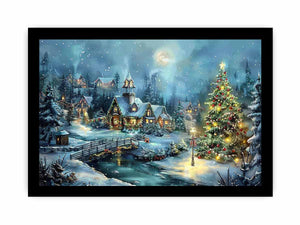 Snowy Christmas village canvas art with moon, cottages, and festive tree for cozy home decor.