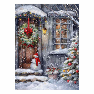 Snowy Christmas cottage doorway canvas art with wreath, snowman, and festive tree for cozy entry decor.