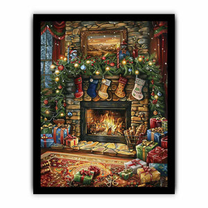 Traditional Christmas mantel canvas art with fireplace, stockings, garland, and gifts for festive decor.