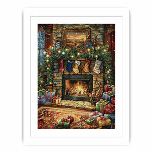 Traditional Christmas mantel canvas art with fireplace, stockings, garland, and gifts for festive decor.