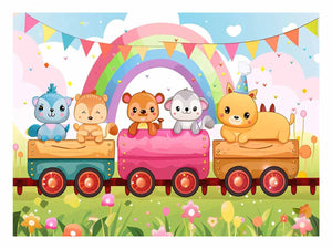 Rainbow animal train canvas art for nursery, playroom, or colorful kids bedroom decor.