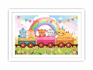 Rainbow animal train canvas art for nursery, playroom, or colorful kids bedroom decor.