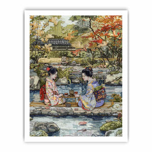 Two women in kimono sharing tea in a serene Japanese garden canvas for living room decor.