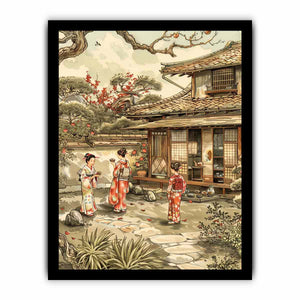 Traditional Japanese courtyard canvas art with kimono figures and blossoms for elegant home decor.