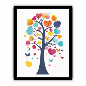 Colorful heart tree illustration with butterflies for nursery and kids room canvas decor.
