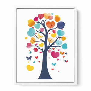 Colorful heart tree illustration with butterflies for nursery and kids room canvas decor.