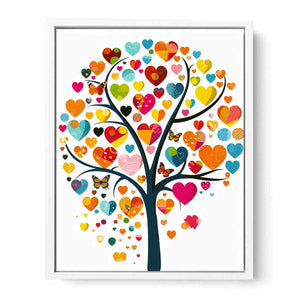 Colorful heart tree wall art with butterflies and vibrant heart-shaped leaves for cheerful living room decor.