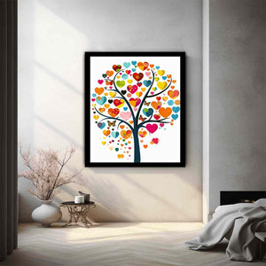 Colorful heart tree wall art with butterflies and vibrant heart-shaped leaves for cheerful living room decor.