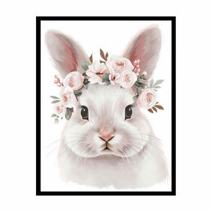 Soft white bunny with pink floral crown canvas art for nursery or kids bedroom decor.