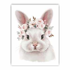 Soft white bunny with pink floral crown canvas art for nursery or kids bedroom decor.