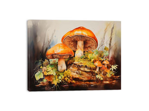 Autumn Fungi botanical watercolor canvas art for bedroom or cozy office decor.