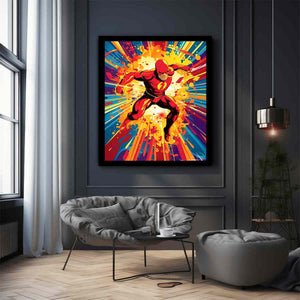 Red lightning superhero comic canvas art for bold teen room, office, or game room decor.