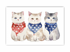 Three watercolor cats wearing red and blue star bandanas for cute family wall decor.