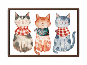 Three smiling watercolor cats in patterned scarves for playful nursery or family wall decor.