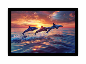 Three dolphins jumping through sunset ocean waves for coastal living room canvas decor.