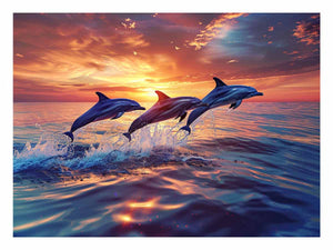 Three dolphins jumping through sunset ocean waves for coastal living room canvas decor.