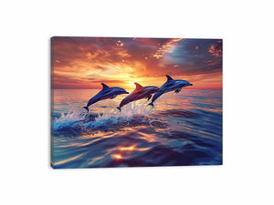 Three dolphins jumping through sunset ocean waves for coastal living room canvas decor.