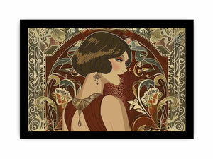 Elegant art deco woman portrait with floral pattern for luxury bedroom or living room decor.