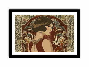 Elegant art deco woman portrait with floral pattern for luxury bedroom or living room decor.