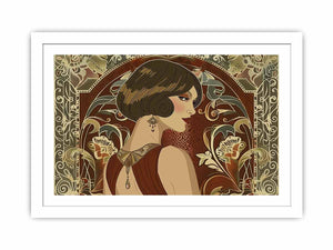 Elegant art deco woman portrait with floral pattern for luxury bedroom or living room decor.
