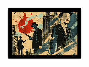 Retro noir city illustration with suited figures and red accents for office or media room decor.