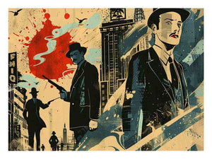 Retro noir city illustration with suited figures and red accents for office or media room decor.