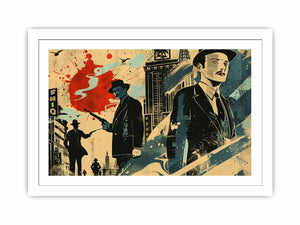 Retro noir city illustration with suited figures and red accents for office or media room decor.