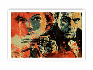 Bold noir detective poster canvas with dramatic portraits and red graphic accents for media room decor.