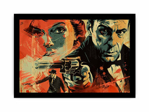 Bold noir detective poster canvas with dramatic portraits and red graphic accents for media room decor.