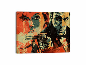 Bold noir detective poster canvas with dramatic portraits and red graphic accents for media room decor.