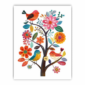 Colorful bird and floral tree illustration canvas art for nursery or kids room decor.