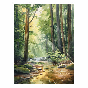 Sunlit forest creek watercolor canvas art for peaceful living room or bedroom decor.