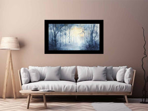 Misty blue forest watercolor canvas art for calm bedroom or living room decor.