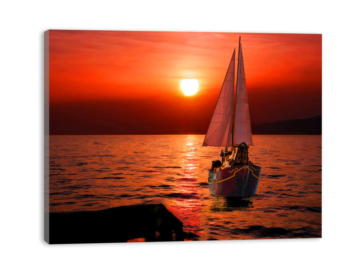 Boat in Sea Sunset Painting