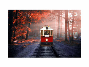 Red Tram in Forest Painting