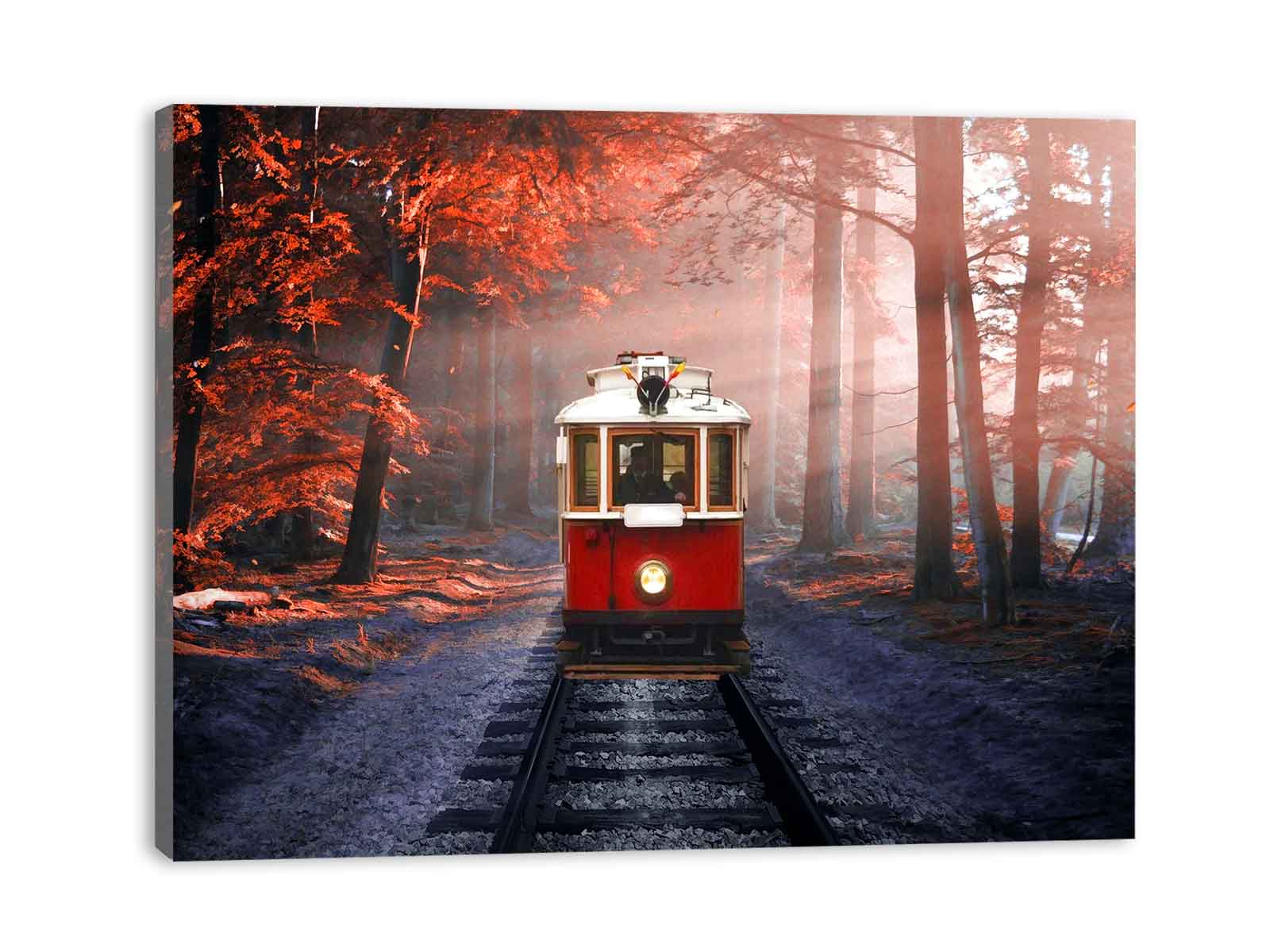 Red Tram in Forest Painting
