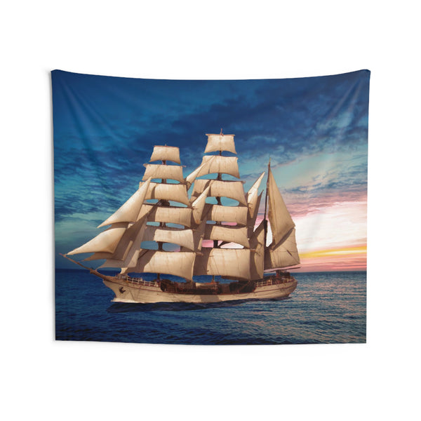 Sailing Ship Sunset Tapestry