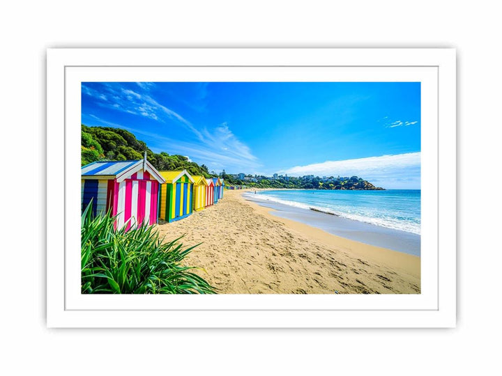 Beach Huts Along The Shore  Streched canvas