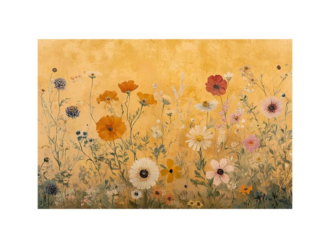 Wildflower botanical canvas art with warm golden tones for bedroom and living room decor.