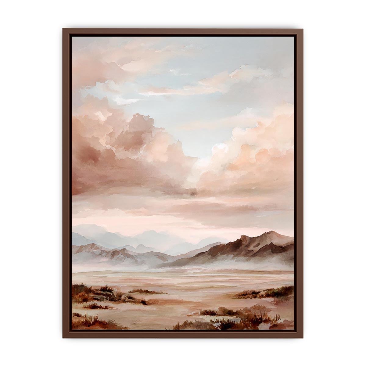 Rose mountain landscape canvas art with soft clouds for serene bedroom decor.