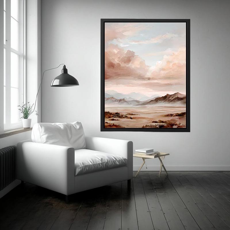 Rose mountain landscape canvas art with soft clouds for serene bedroom decor.