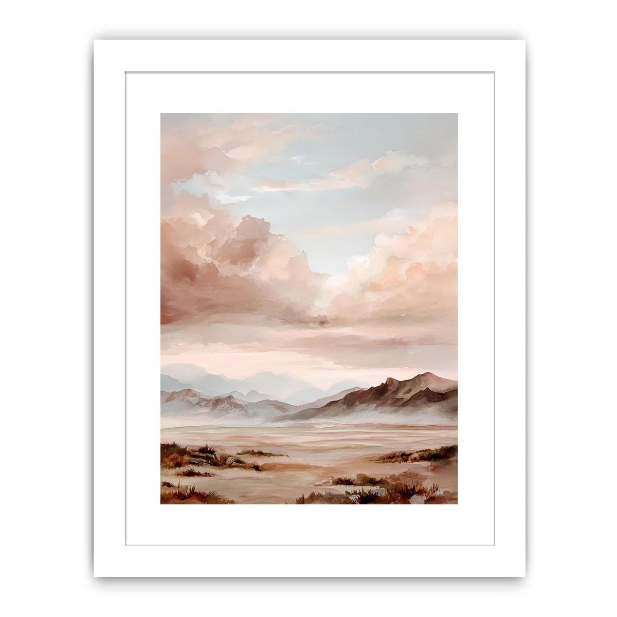 Rose mountain landscape canvas art with soft clouds for serene bedroom decor.