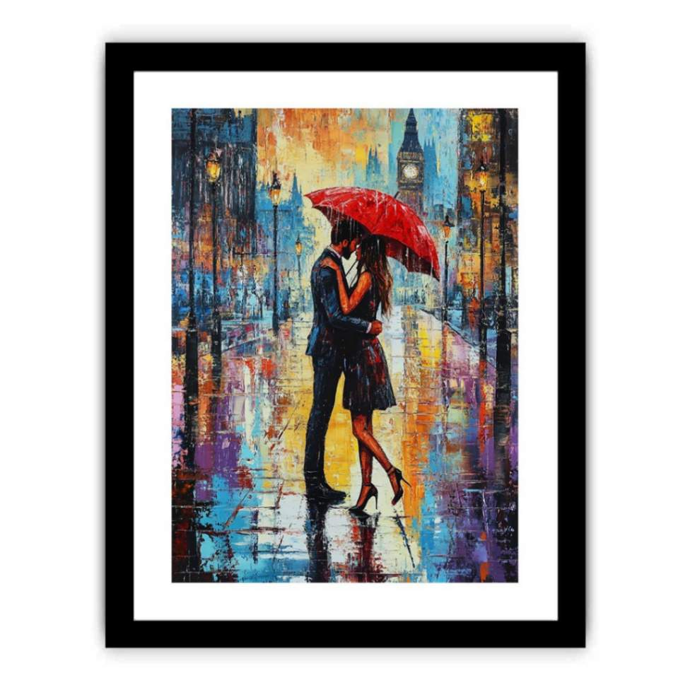 Romantic couple under a red umbrella cityscape canvas art for modern bedroom decor.